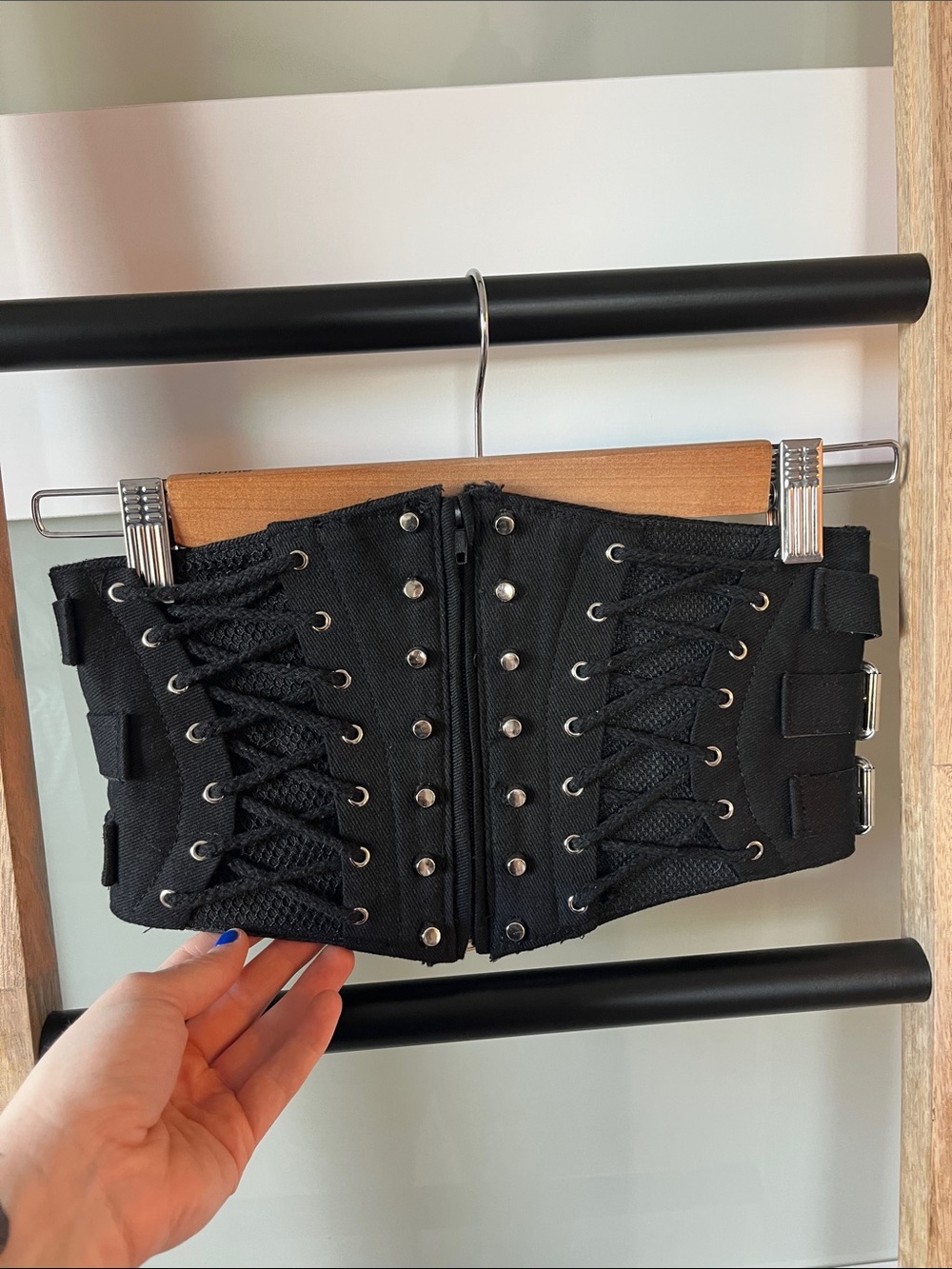 Black Lace-Up Corset Waist Belt with Front Zip